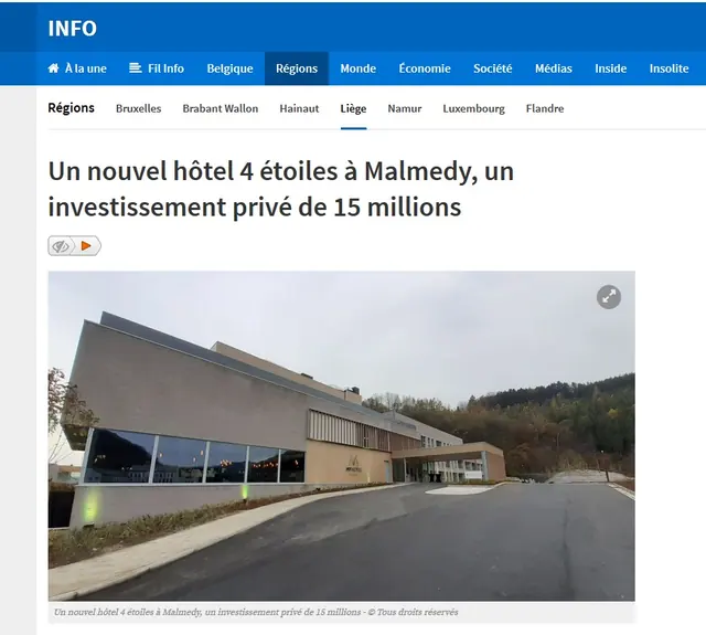RTBF : Un nouvel hôtel 4 étoiles à Malmedy, un investissement privé de 15 millions